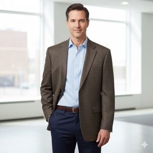 Saddlebred Blazer Sport Coat‎ Men 48R Brown Plaid 2 Button 100% Wool Work Career